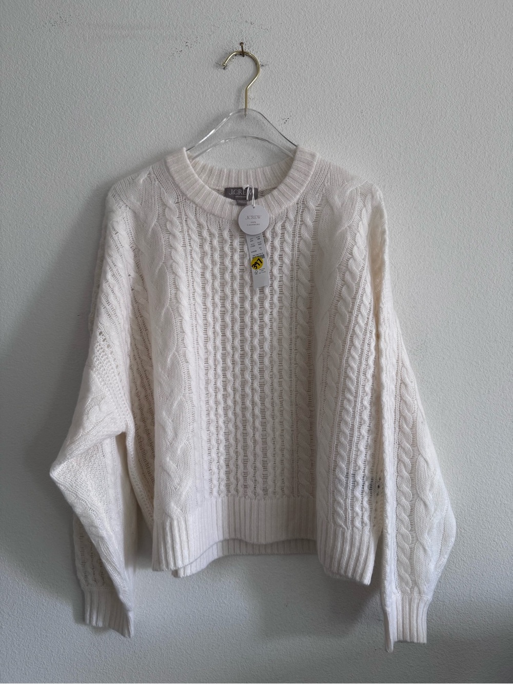 NWT J Crew Cashmere Cable Knit Blouson Sleeve Sweater In Snow Size S